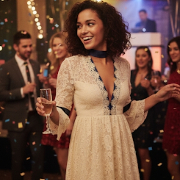 Free People Dresses & Skirts - Free People Gilded Lace & Satin Mini Dress, Size Medium - Cream W/Navy - NWT